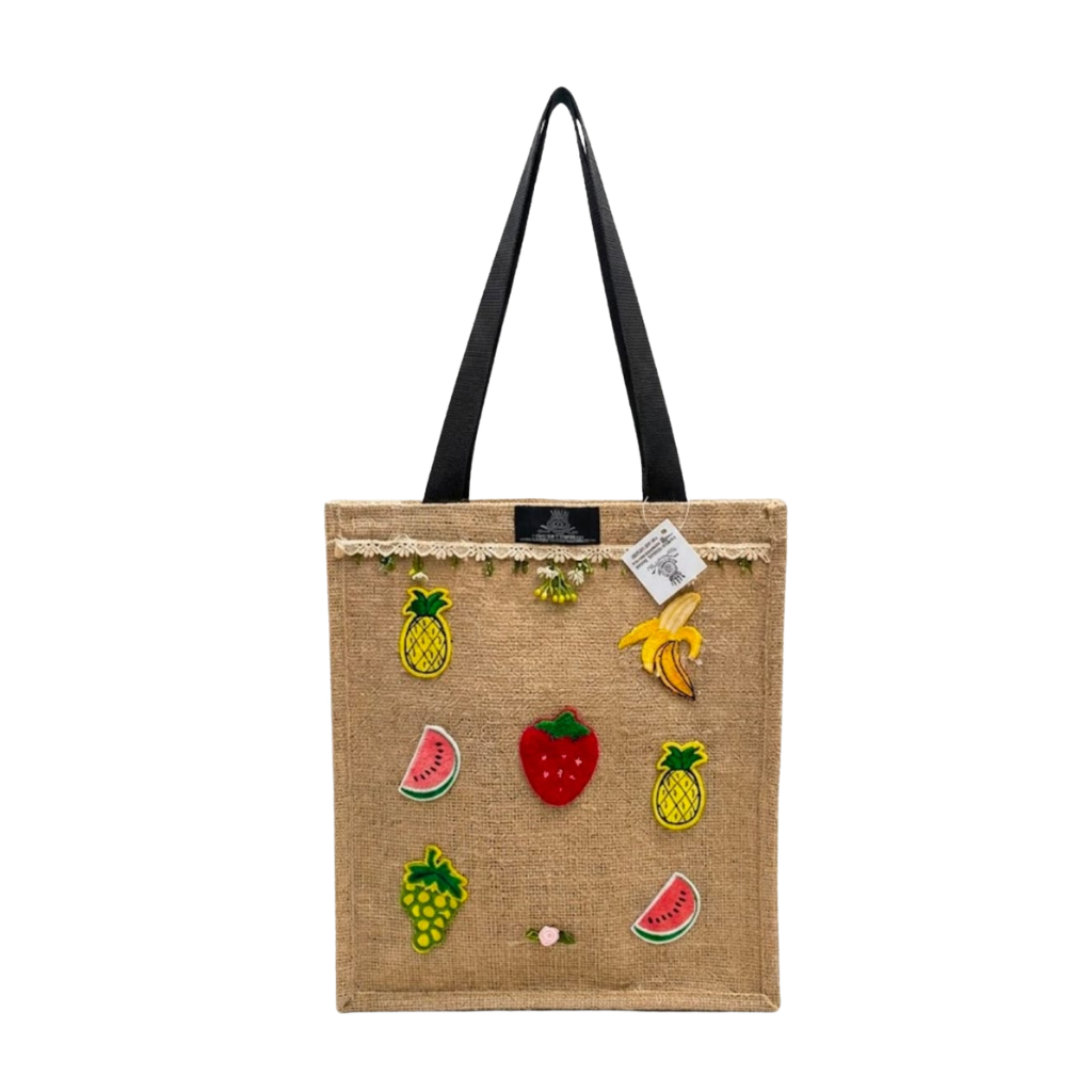 Hand Embroidered & Crochet Fruit Jute Tote Bag - 100% Natural Eco-Friendly