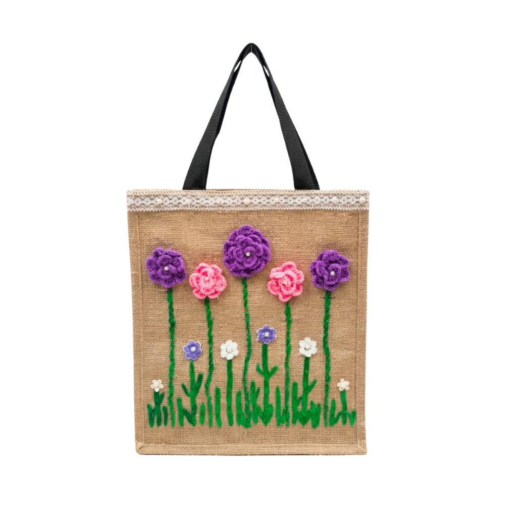 Handmade Crochet Floral Jute Tote Bag - 100% Natural Eco-Friendly