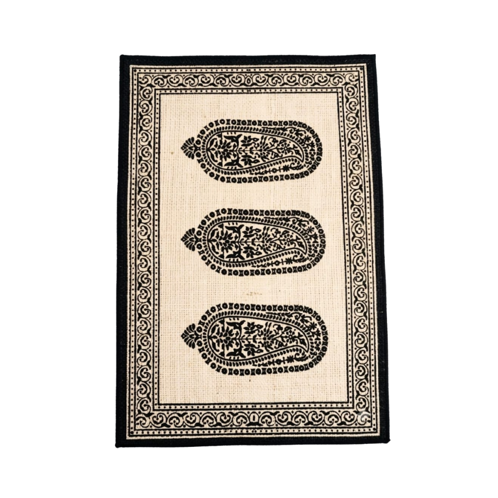 Traditional Paisley Screen Printed Jute Table Mat - Natural & Black