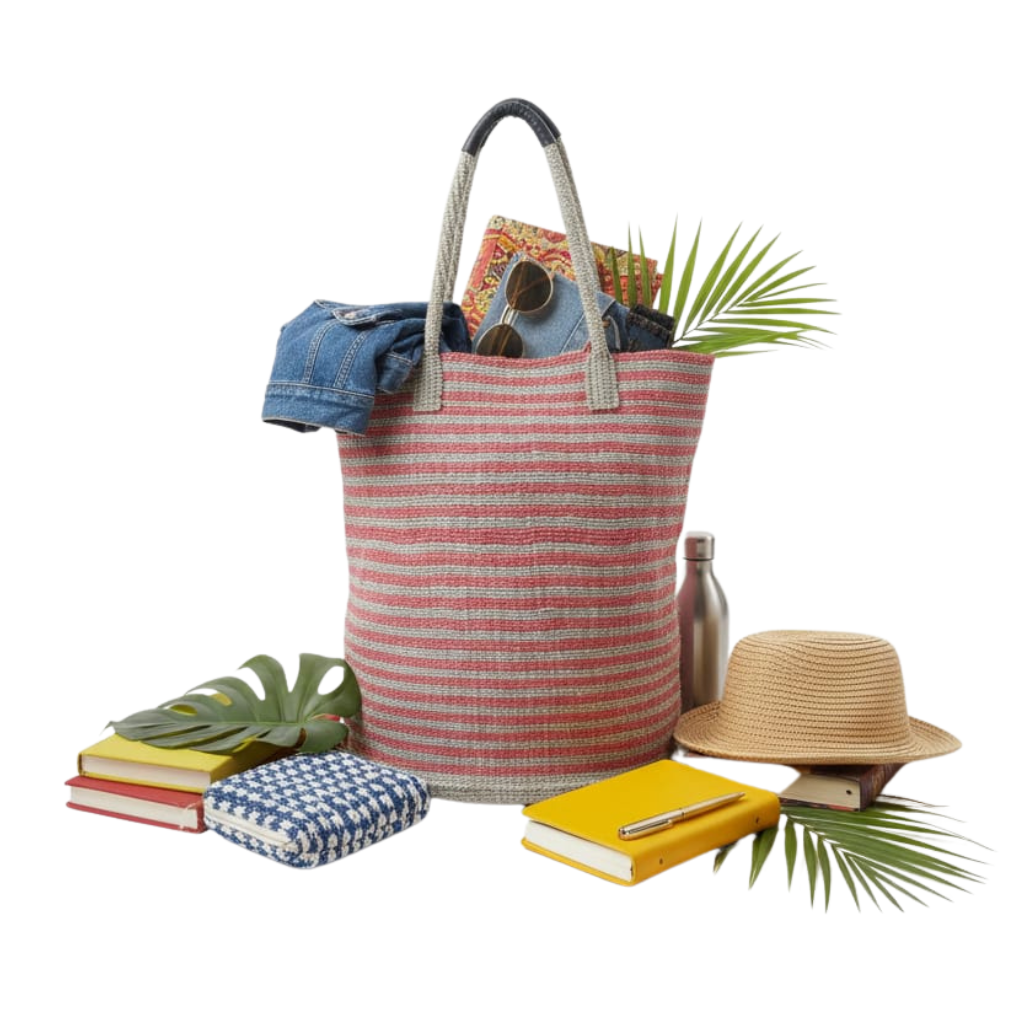 Large Hand-Woven Striped Jute Tote Bag - Bohemian Beach & Shopping Bag