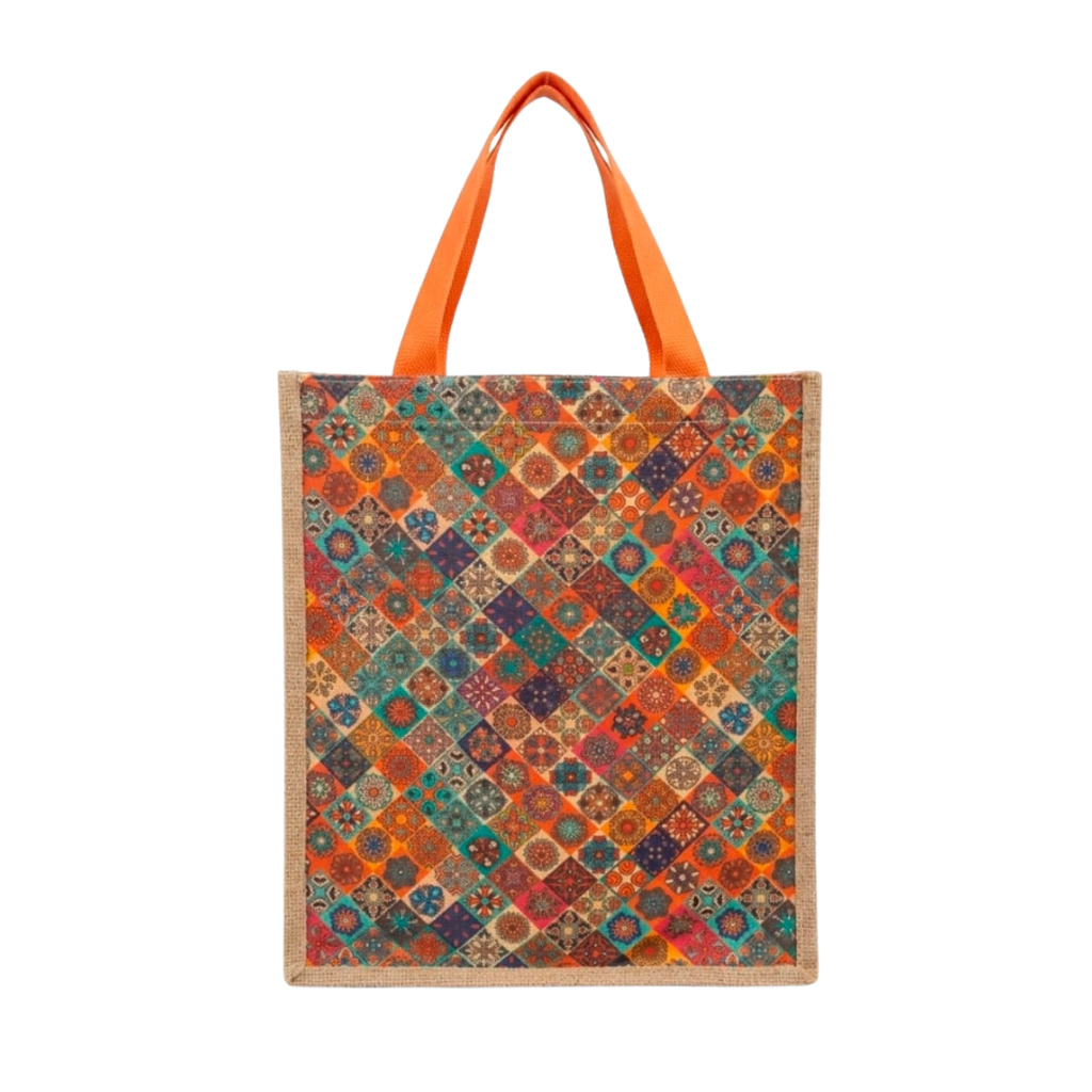 Large Geometric Jute Tote Bag - Screen Print Eco-Friendly
