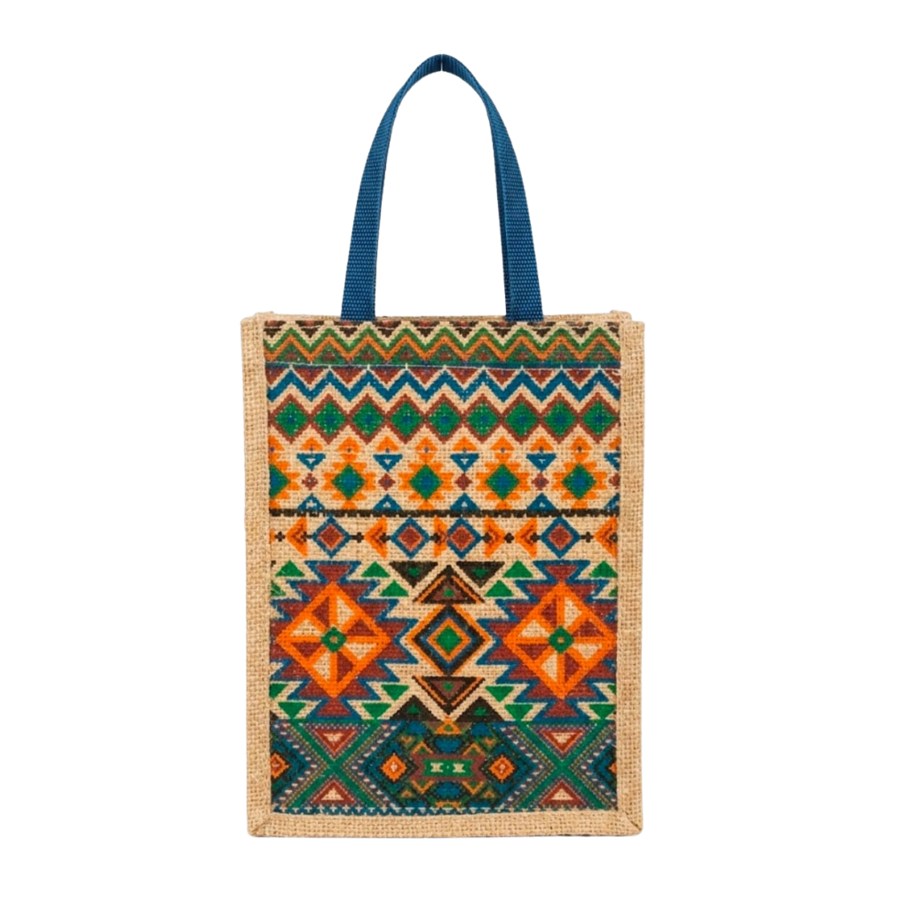 Screen Printed Geometric Jute Mini Tote Bag - Colorful Aztec Pattern