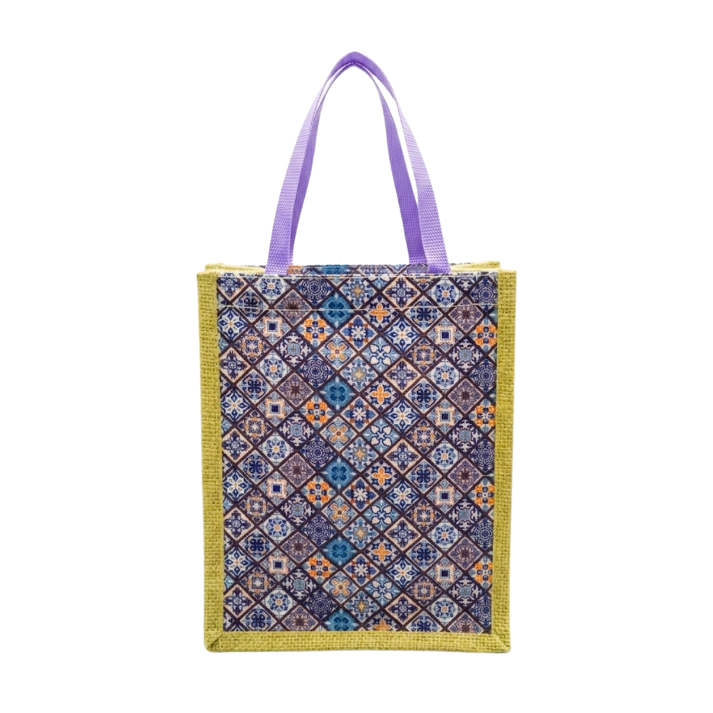 Digital Printed Geometric Jute Mini Tote Bag - Purple Color