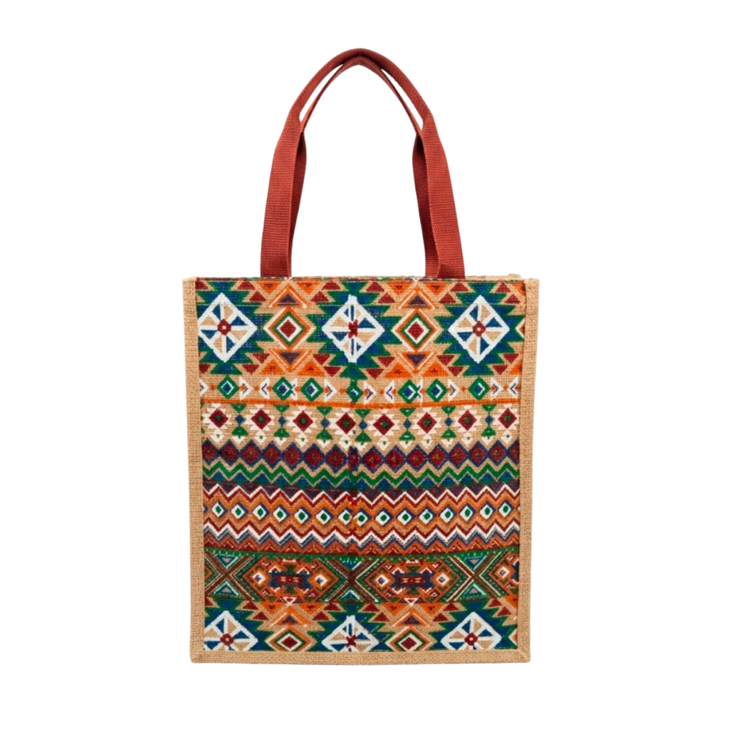 Large Geometric Jute Tote Bag - Screen Print