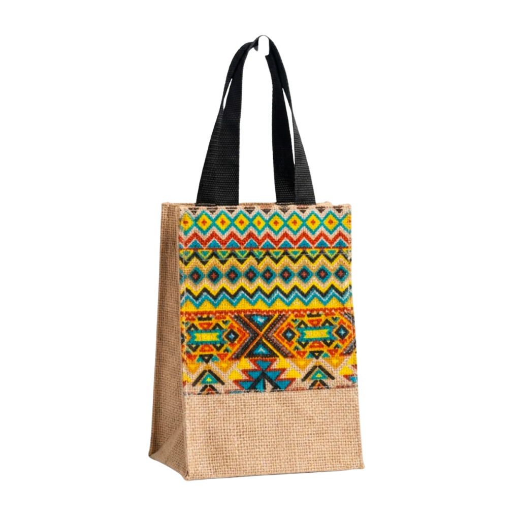 Colorful Geometric Jute Lunch Bag - Screen Printed Eco-Friendly