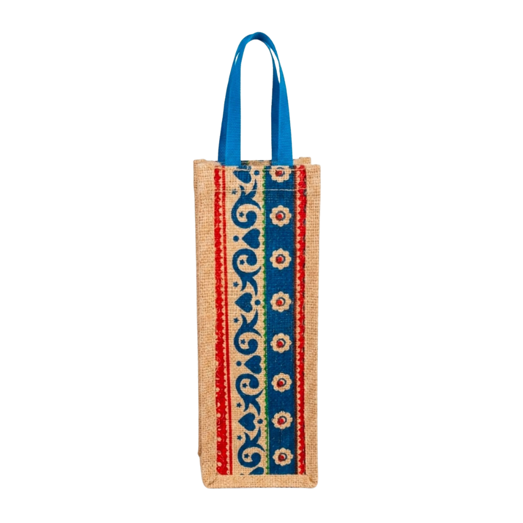 Screen Printed Traditional Jute Bottle Case Cover - Blue & Red Patterned