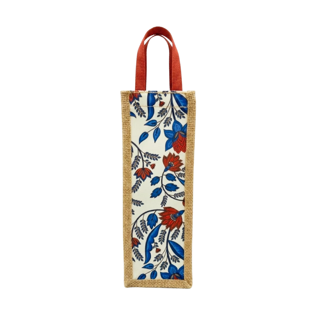 Blue & Red Floral Jute Bottle Case Cover Cover - Digital Print