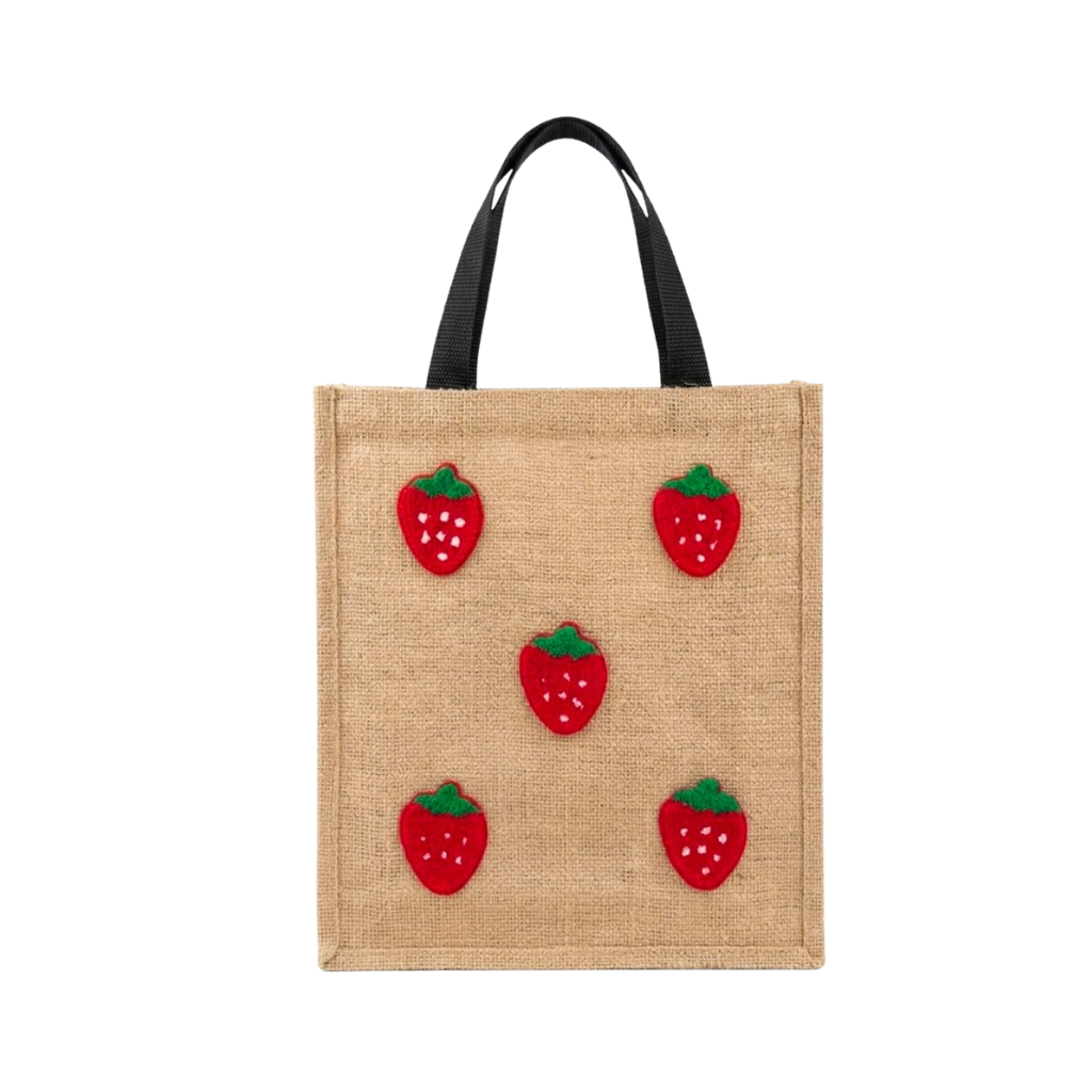 Hand Embroidered Strawberry Jute Tote Bag - Eco-Friendly