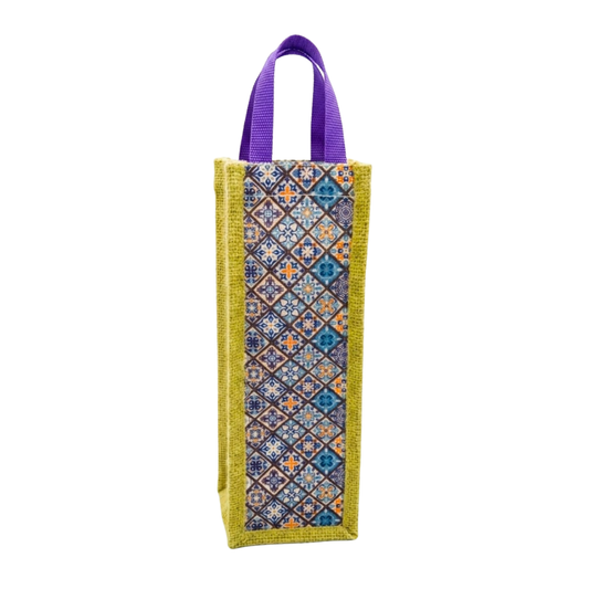 Digital Printed Geometric Jute Bottle Case Cover - Purple Patterned Bottle