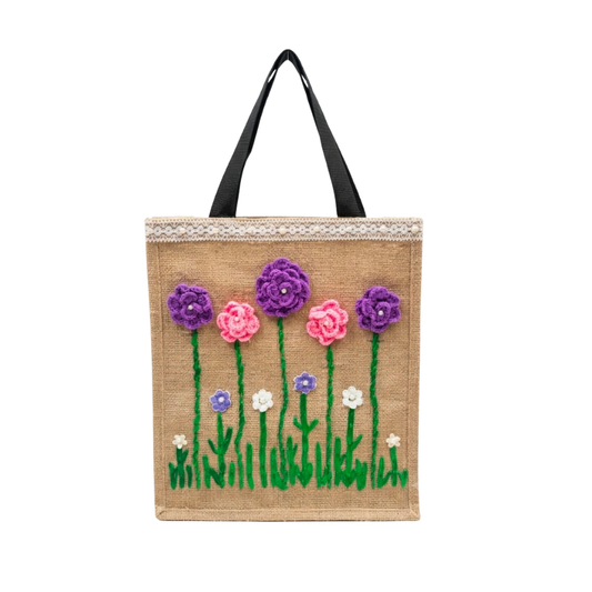 Handmade Crochet Floral Jute Tote Bag - 100% Natural Eco-Friendly