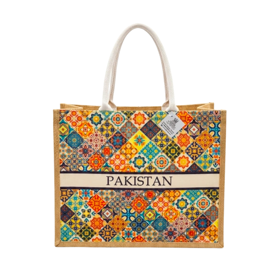 Pakistan Jute Tote Bag - Colorful Geometric Pattern Eco-Friendly Digital Print