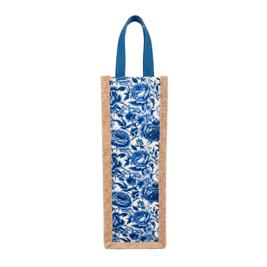 Blue Floral Jute Bottle Case Cover - Digital Printed