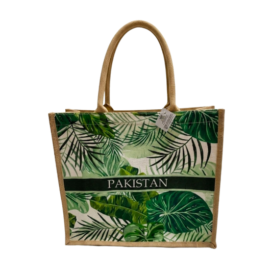 Pakistan Tropical Leaves Jute Tote Bag - Eco-Friendly Botanical Digital Print