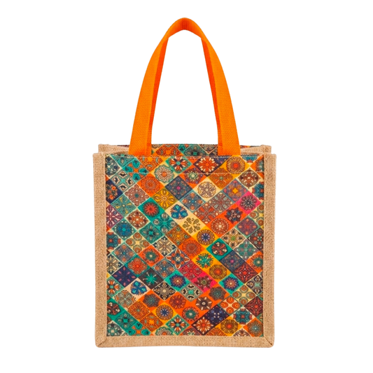 Digital Printed Colorful Geometric Jute Mini Tote Bag