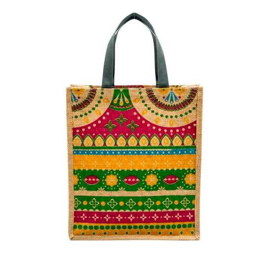 Large Colorful Geometric Jute Tote Bag - Screen Print Tote Bag