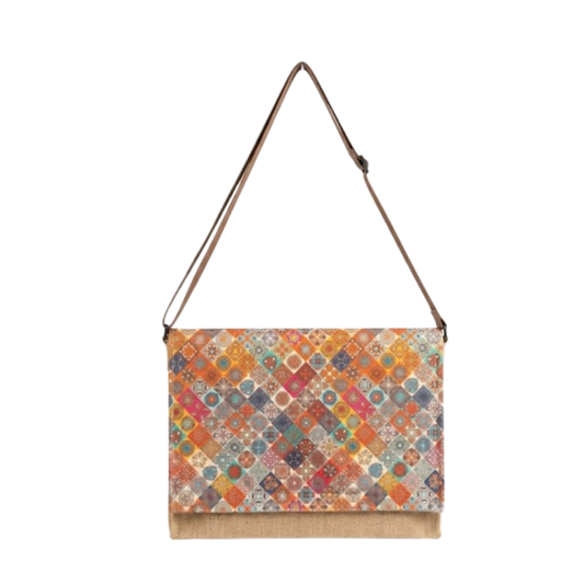 Bohemian Patchwork Jute Laptop Bag - Digital Print Messenger Bag