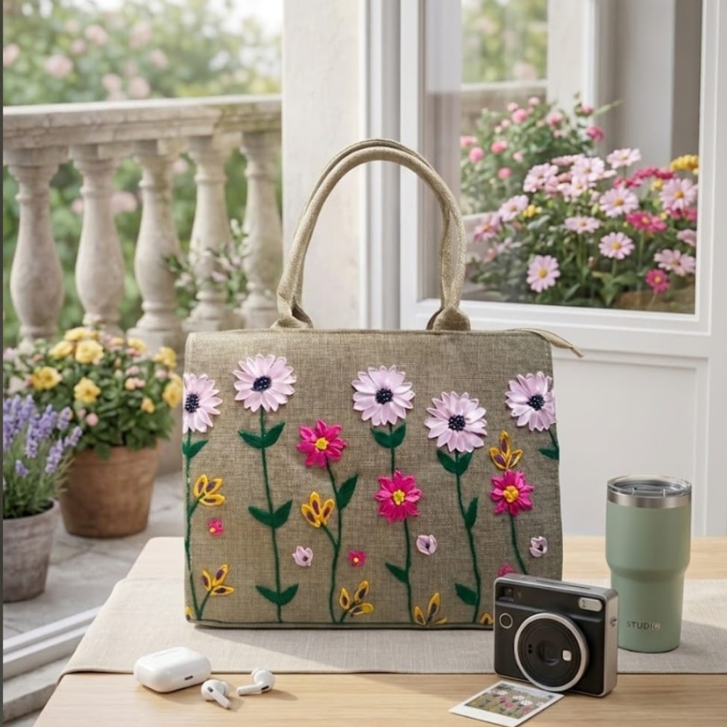 Hand Embroidered Ribbon Floral Jute Ladies Bag - Eco-Freindly & Artisanal