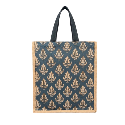 Large Navy Fern Jute Tote Bag - Digital Print