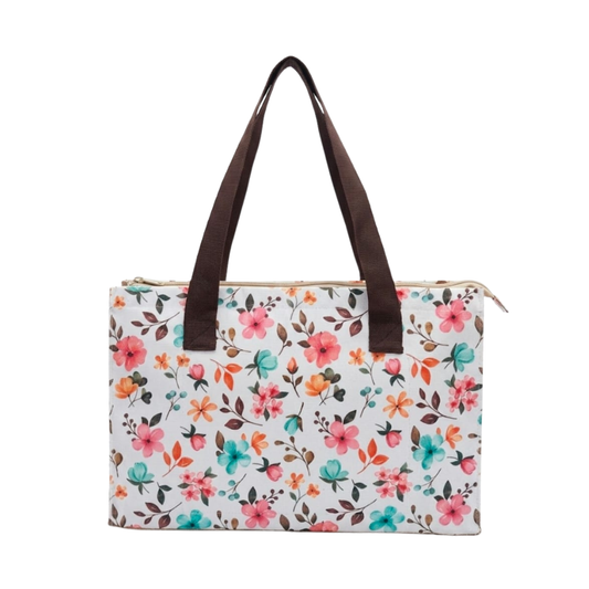 Large Zippered Floral Jute Travel Tote - Digital Print with internal Pockets