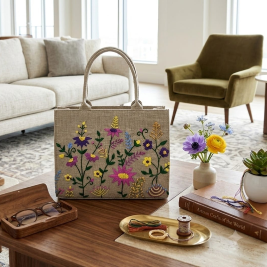 Hand Embroidered Wildflower Jute Ladies Bag - Eco-Friendly & Artisanal