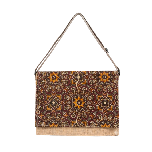 Ethnic Mandala Screen Printed Jute Laptop Bag - Sustainable Messenger Bag