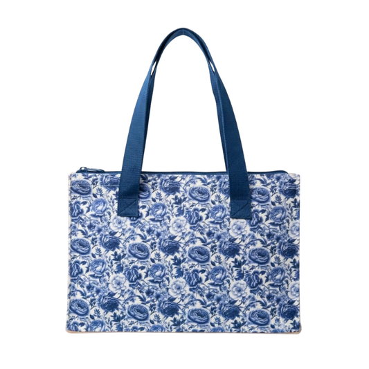 Elegant Blue Floral Zippered Jute Travel Tote with internal Pockets
