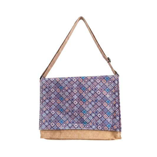 Geometric Digital Print Jute Laptop Bag - Messenger Bag with Adjustable Strap