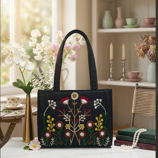 Hand Embroidered Floral Jute Ladies Bag - Black Folk Art Eco-Friendly