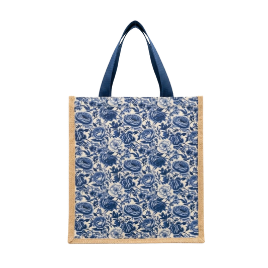 Large Blue Floral Jute Tote Bag - Digital Print Eco-Friendly