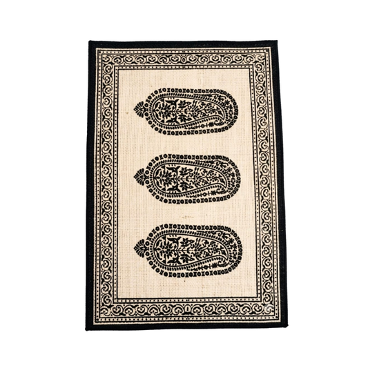 Traditional Paisley Screen Printed Jute Table Mat - Natural & Black