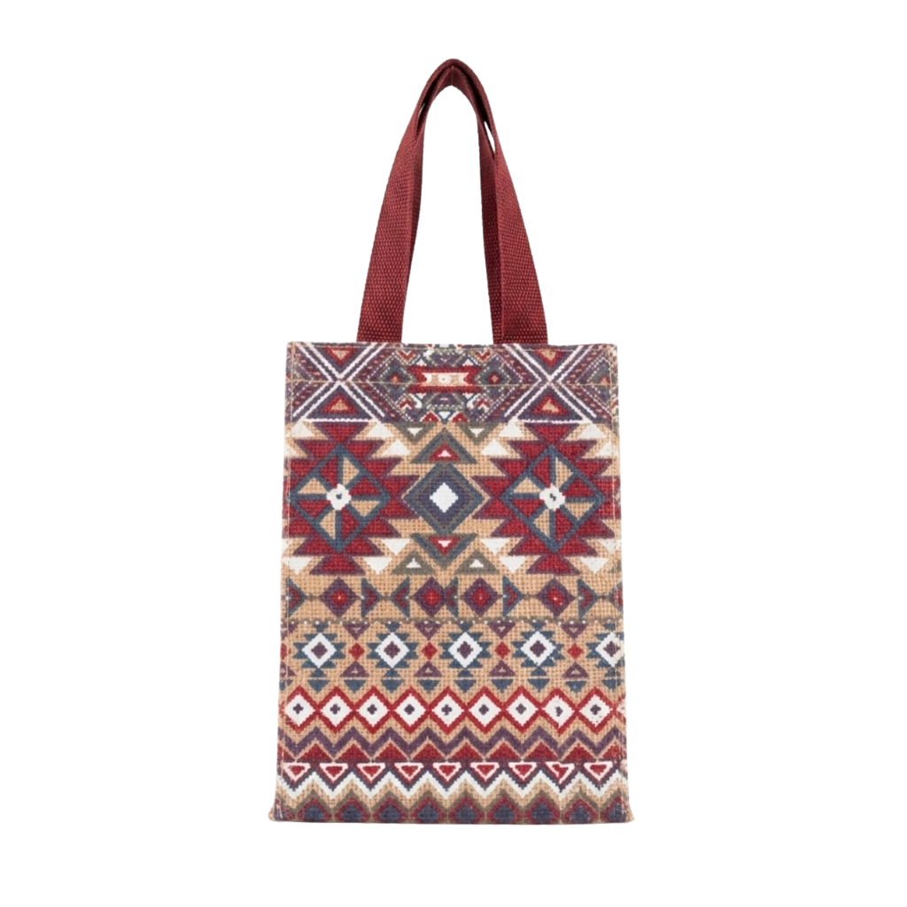 Blue Aztec Print Jute Lunch Bag - Geometric Screen Printed Eco-Friendly