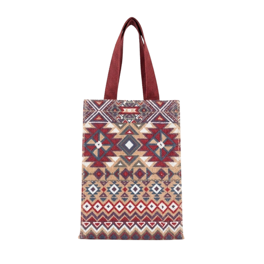 Blue Aztec Print Jute Lunch Bag - Geometric Screen Printed Eco-Friendly