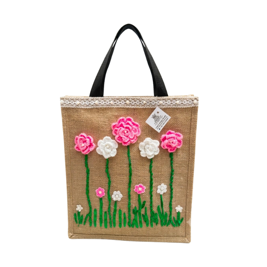 Hand Embroidered 3D Floral Jute Tote Bag - Lace & Pearl Eco Shopper