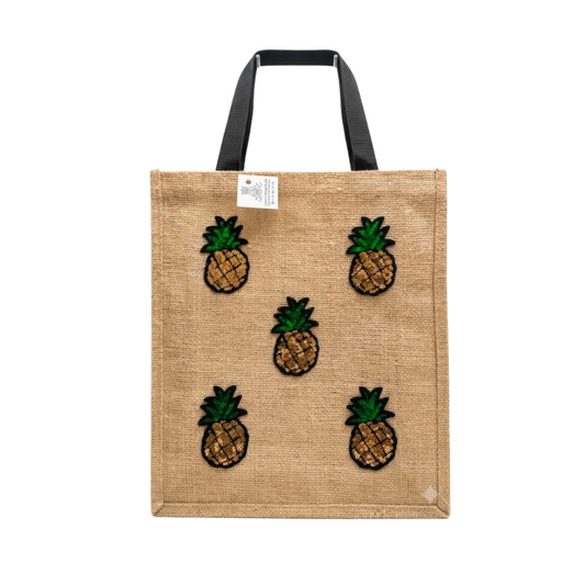 Hand Embroidered Sequin Pineapple Jute Tote Bag - Tropical Eco Shopper