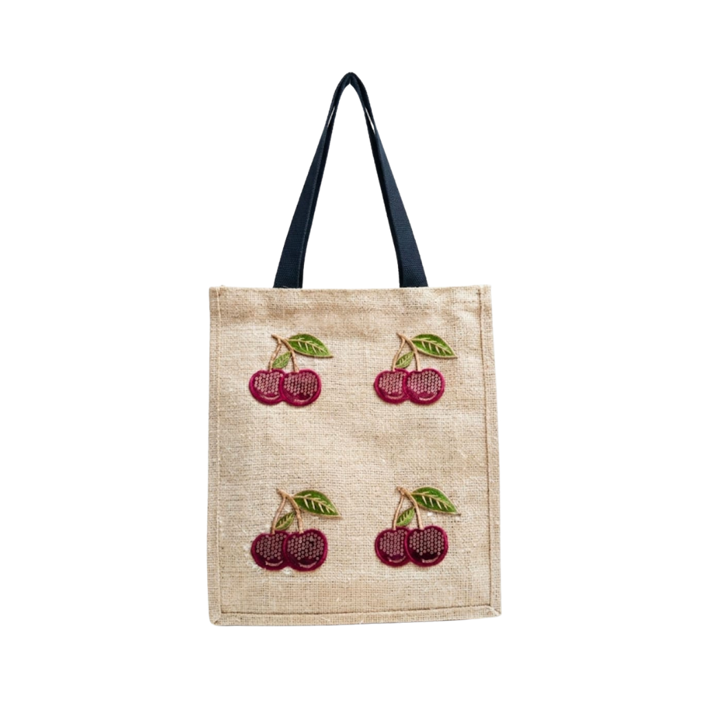 Hand Embroidered Cherry Patchwork Jute Tote Bag - 100% Natural Eco Shopper