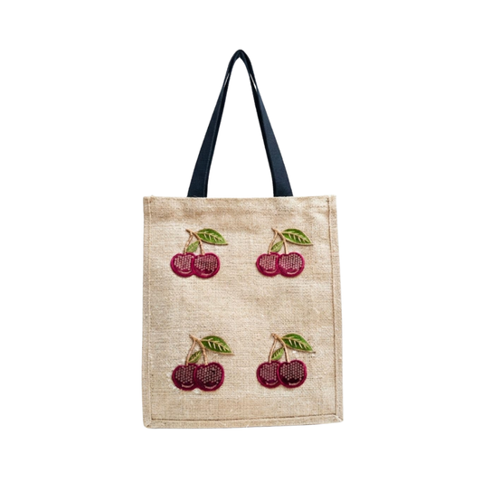 Hand Embroidered Cherry Patchwork Jute Tote Bag - 100% Natural Eco Shopper