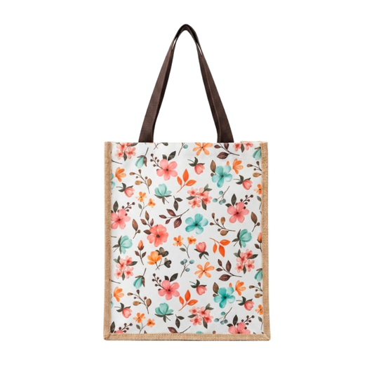 Large Floral Jute Tote Bag - Digital Print Eco-Friendly