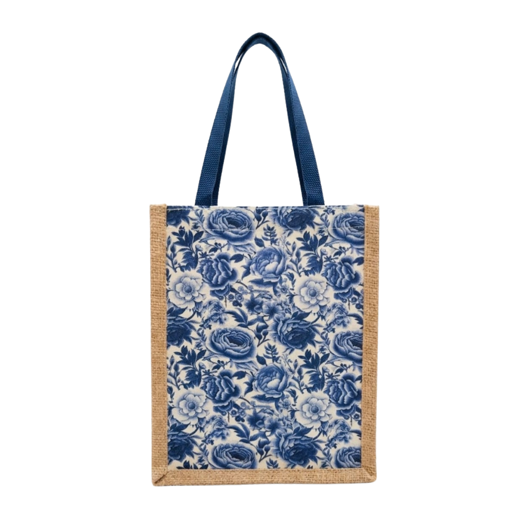 Digital Printed Blue Floral Jute Mini Tote Bag - Eco-Friendly