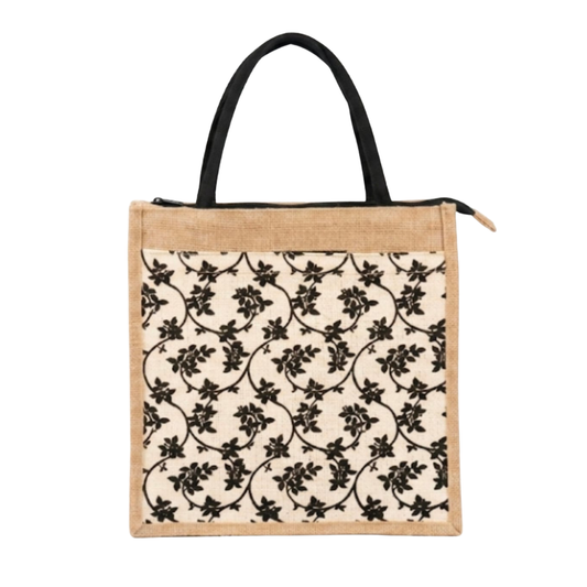 Large Zippered Jute Tote Bag - Elegant Black Floral Digital Print with Pocket