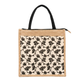 Small Zippered Jute Tote Bag - Elegant Black Floral Screen Print with Pocket