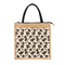Small Zippered Jute Tote Bag - Elegant Black Floral Screen Print with Pocket