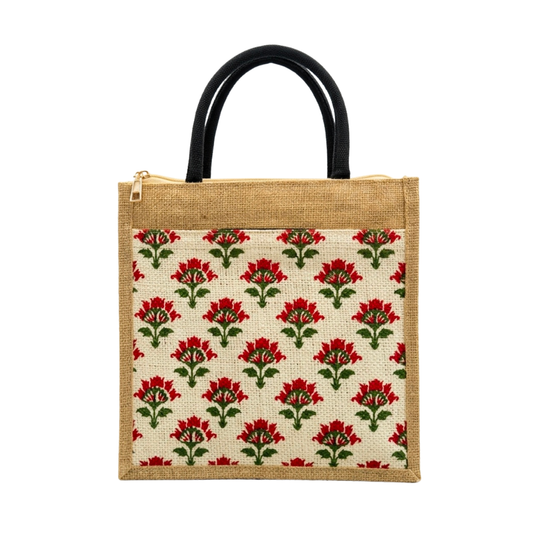 Large Zippered Jute Tote Bag - Red Floral Digital Print with Pocket