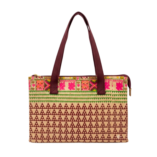 Large Screen Printed Geometric Jute Travel Bag - Zippered Tote with internal Pockets