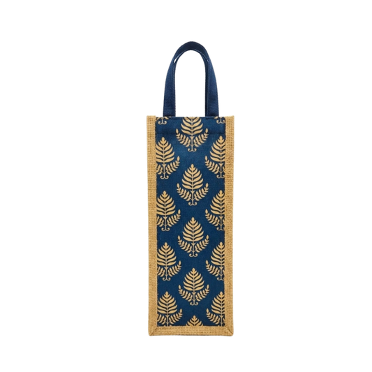 Digital Printed Jute Bottle Case Cover - Navy Blue Fern Pattern Bottle Cover Case