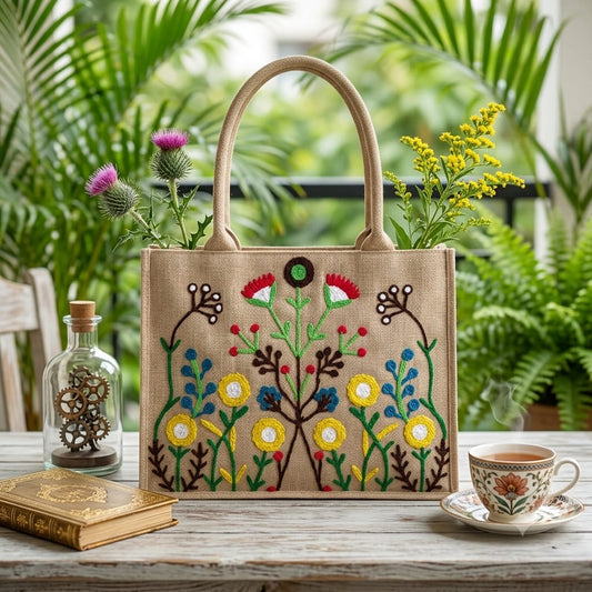 Hand Embroidered Folk Art Jute Ladies Bag - Eco-Friendly